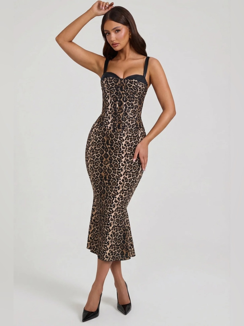 Oh Polly Valentina Layered Bra-Detail Fishtail Midaxi Dress in Leopard Print